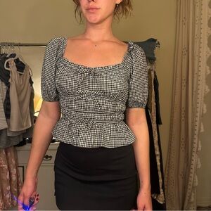 Gingham Puff Sleeve Blouse - Black and White